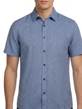 REPORT COLLECTION X-Large Casual Short-Sleeve Button-Down Shirt Light Blue Linen